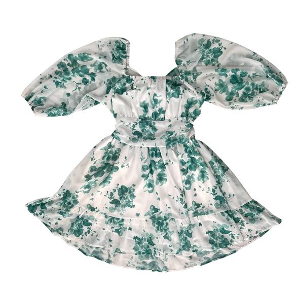 Fit & Flare Milkmaid Dress XL Green White Lantern Sleeves Ruffle Stretch Waist - Picture 1 of 16